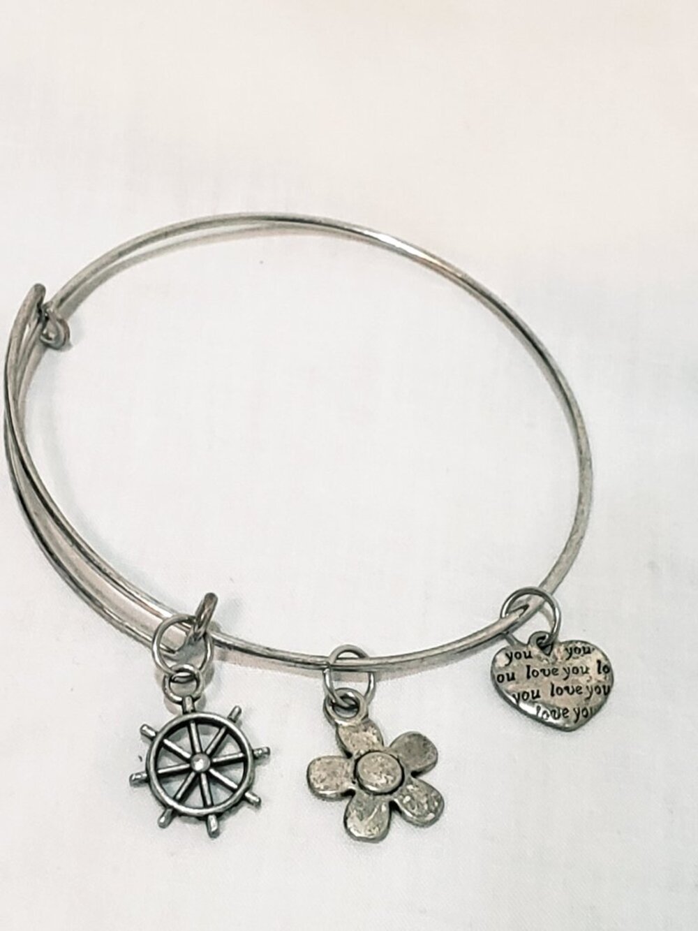 Ships Wheel Love You Heart Flower Charm Bangle Bracelet 2.5" Silver tone